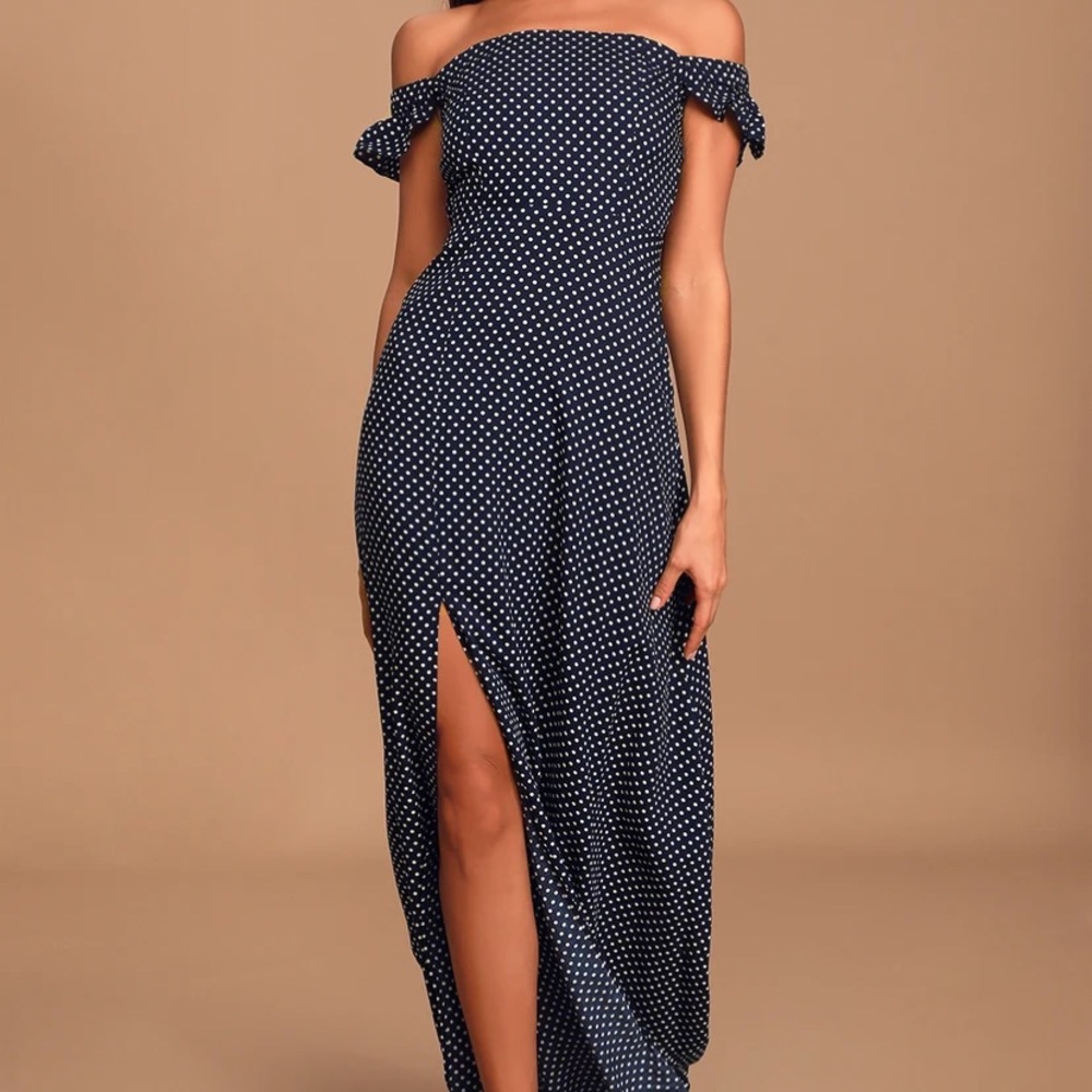 Navy blue polka dot off-the-shoulder maxi dress